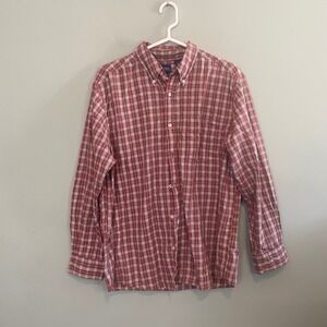 Basic Editions Mens Casual Preppy Plaid Button Down Long Sleeve Shirt Red Medium